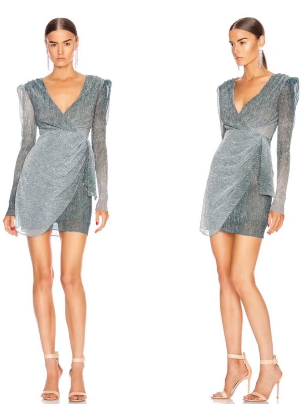 PatBO Lurex Long Sleeve Ruched Party Mini Dress. Ombre Blue & silver shimmer